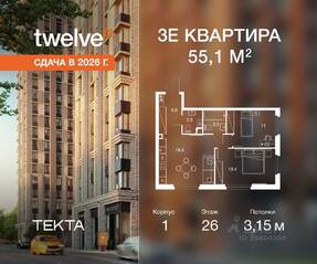 ЖК «Twelve», планировка 3-комнатной квартиры, 55.10 м²