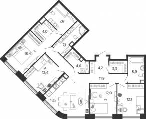 ЖК «Жилой квартал Shagal», планировка 4-комнатной квартиры, 120.20 м²