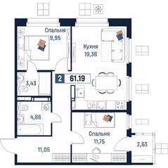 ЖК «Максималист», планировка 2-комнатной квартиры, 61.19 м²