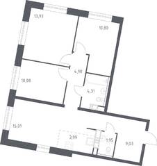 ЖК «ЭкоБунино», планировка 3-комнатной квартиры, 73.60 м²
