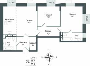 ЖК «Киноквартал», планировка 3-комнатной квартиры, 82.50 м²