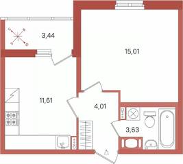 ЖК «Патио», планировка 1-комнатной квартиры, 35.98 м²