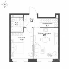 ЖК «MariInn Park», планировка 1-комнатной квартиры, 43.50 м²