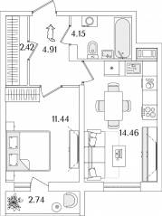 ЖК «Кинопарк», планировка 1-комнатной квартиры, 38.75 м²