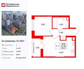 ЖК «Город звезд», планировка 1-комнатной квартиры, 31.34 м²