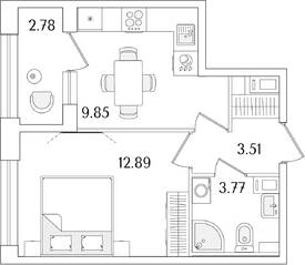 ЖК «Аурум», планировка 1-комнатной квартиры, 31.41 м²