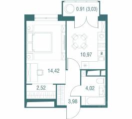 ЖК «Одинбург», планировка 1-комнатной квартиры, 36.82 м²