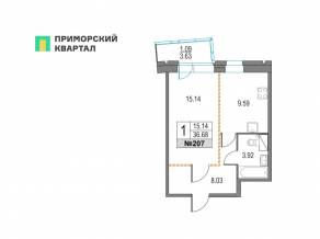 ЖК «Приморский квартал», планировка 1-комнатной квартиры, 36.68 м²