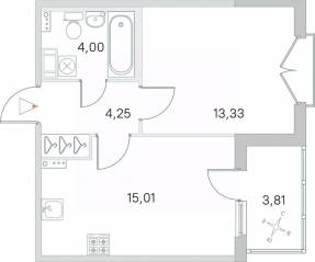МЖК «Любоград», планировка 1-комнатной квартиры, 38.50 м²