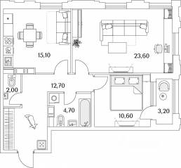 ЖК «Тайм Сквер», планировка 2-комнатной квартиры, 70.50 м²