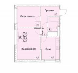 ЖК «Отрадный», планировка 2-комнатной квартиры, 52.40 м²