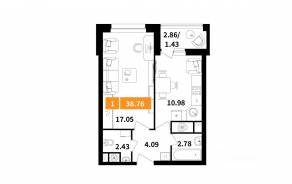 ЖК «Планерный квартал», планировка 1-комнатной квартиры, 38.76 м²