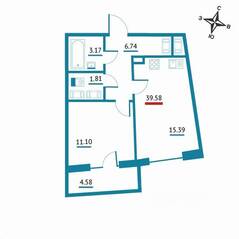 ЖК «Левитан», планировка 1-комнатной квартиры, 39.58 м²