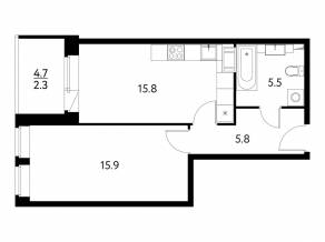 ЖК «Солнечный парк», планировка 1-комнатной квартиры, 46.20 м²