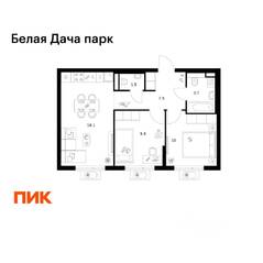 ЖК «Белая Дача парк», планировка 2-комнатной квартиры, 50.70 м²