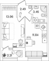 ЖК «БелАрт», планировка 1-комнатной квартиры, 31.96 м²