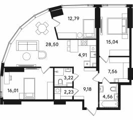 ЖК «Solos», планировка 3-комнатной квартиры, 104.00 м²