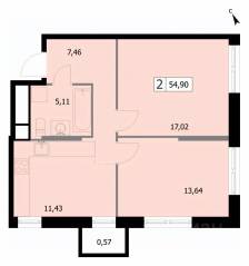 ЖК «Self», планировка 2-комнатной квартиры, 54.90 м²