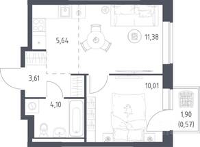 ЖК «Новое Видное», планировка 1-комнатной квартиры, 35.31 м²
