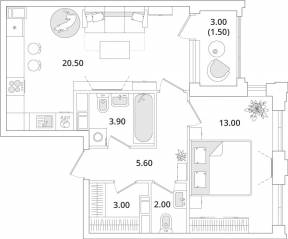 ЖК «Тайм Сквер», планировка 1-комнатной квартиры, 49.30 м²
