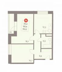 ЖК «Отлично», планировка 2-комнатной квартиры, 62.00 м²