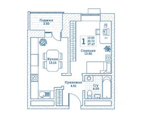 ЖК «Новоград Монино», планировка 1-комнатной квартиры, 37.80 м²