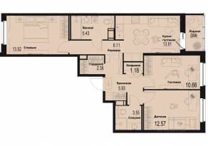 ЖК «ID Murino III», планировка 3-комнатной квартиры, 76.98 м²
