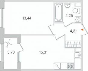 МЖК «Дубровский», планировка 1-комнатной квартиры, 39.16 м²