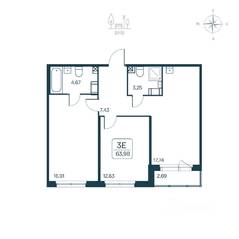 ЖК «Расцветай в Янино», планировка 3-комнатной квартиры, 63.98 м²
