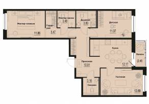 ЖК «ID Murino III», планировка 3-комнатной квартиры, 76.35 м²