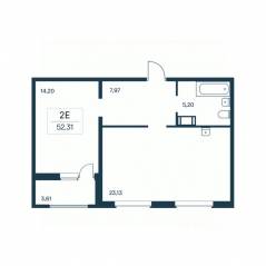 ЖК «Расцветай в Янино», планировка 1-комнатной квартиры, 52.00 м²