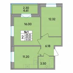 ЖК «Рождественский квартал», планировка 2-комнатной квартиры, 51.50 м²