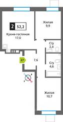 ЖК «Лесная Отрада», планировка 2-комнатной квартиры, 52.20 м²