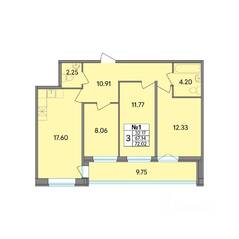 ЖК «Рождественский квартал», планировка 3-комнатной квартиры, 72.02 м²