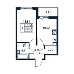 ЖК «Полис ЛАВрики», планировка 1-комнатной квартиры, 36.21 м²