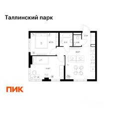 ЖК «Таллинский парк», планировка 2-комнатной квартиры, 50.48 м²