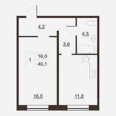 ЖК «Дом на набережной», планировка 1-комнатной квартиры, 40.60 м²