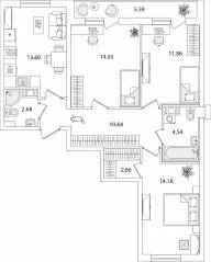ЖК «Кинопарк», планировка 3-комнатной квартиры, 77.25 м²