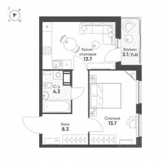 ЖК «Клюква.Парк», планировка 1-комнатной квартиры, 41.60 м²
