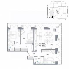 ЖК «Страна.Озерная», планировка 4-комнатной квартиры, 100.83 м²