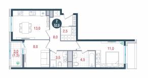 ЖК «Русич Кантемировский», планировка 2-комнатной квартиры, 52.00 м²