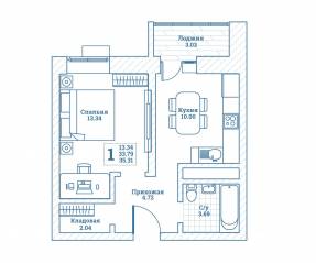 ЖК «Новоград Монино», планировка 1-комнатной квартиры, 35.50 м²
