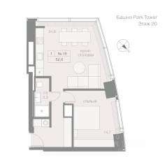 ЖК «Capital Towers», планировка 1-комнатной квартиры, 52.60 м²