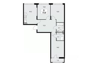 ЖК «Деснаречье», планировка 3-комнатной квартиры, 73.90 м²