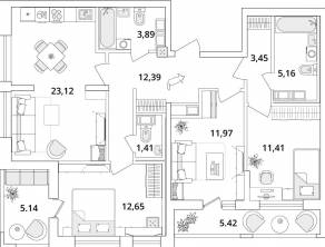 ЖК «Cube», планировка 3-комнатной квартиры, 92.20 м²