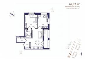 ЖК «Ranta Residence», планировка 2-комнатной квартиры, 62.22 м²