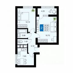ЖК «Химки Тайм», планировка 2-комнатной квартиры, 48.91 м²
