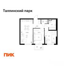 ЖК «Таллинский парк», планировка 2-комнатной квартиры, 54.43 м²