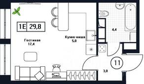 ЖК «Пушкино Град», планировка студии, 29.80 м²