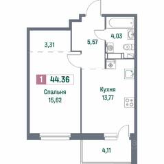ЖК «Фотограф», планировка 1-комнатной квартиры, 44.36 м²